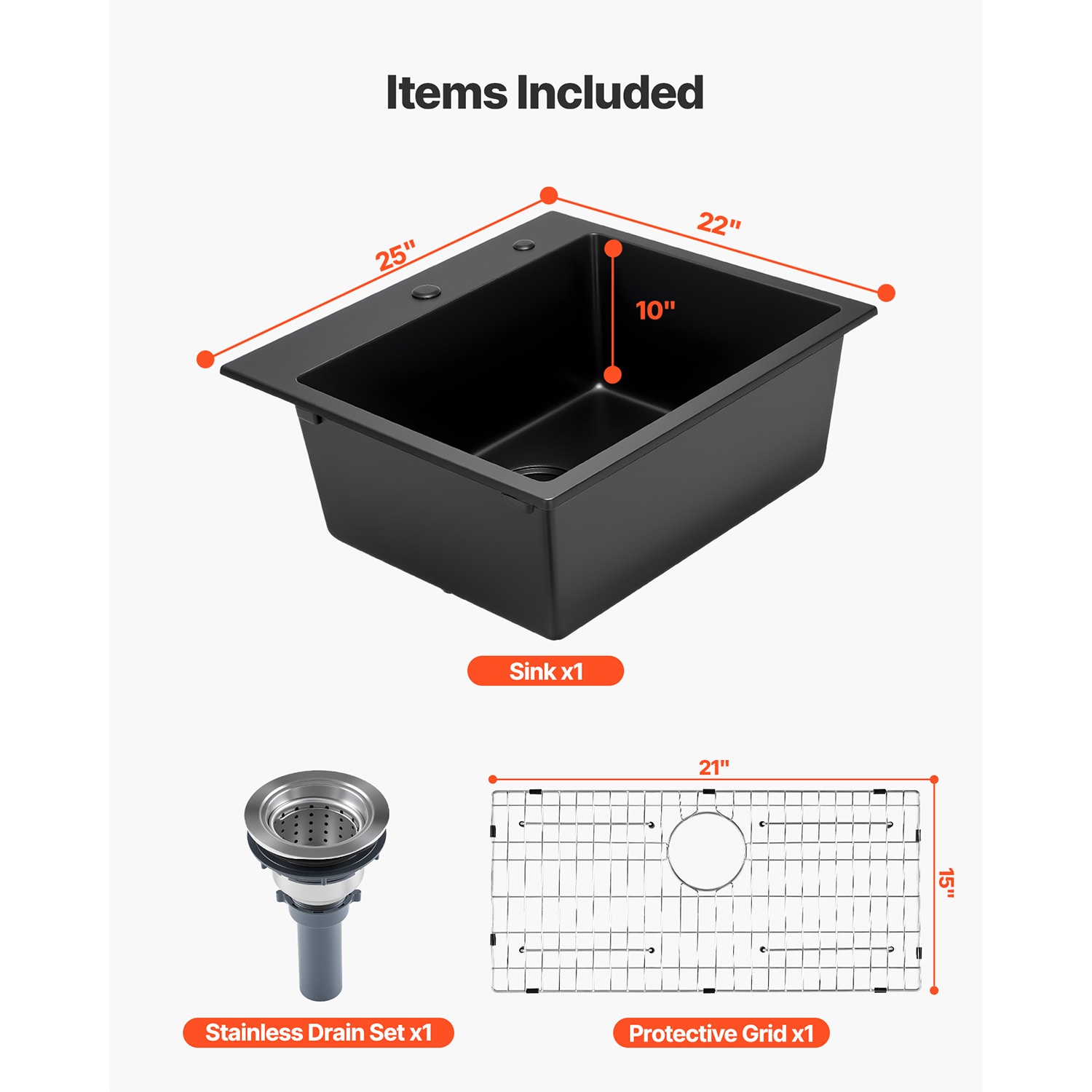 25 Inch Granite Kitchen Sink Top Mount Single Bowl Drop-In Basin For RV Bar_voghion.com